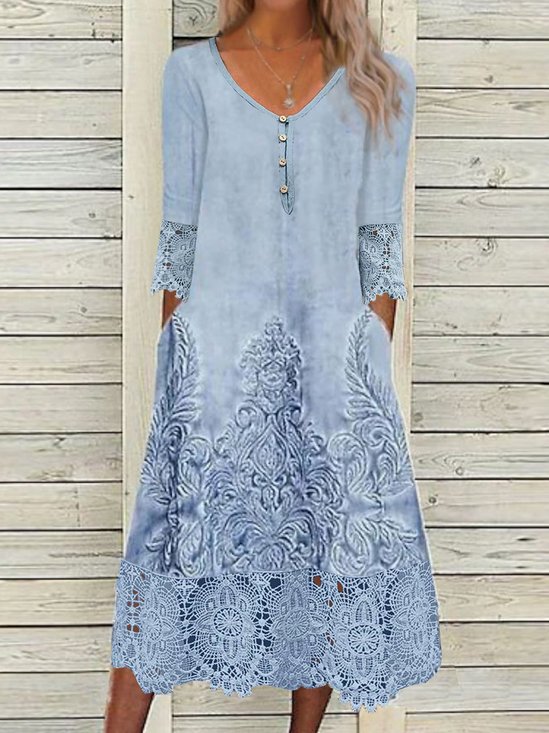 Femmes Aléatoire Imprimé Bleu Asymétrique Confortable Dentelle Robe Maxi Décontracté