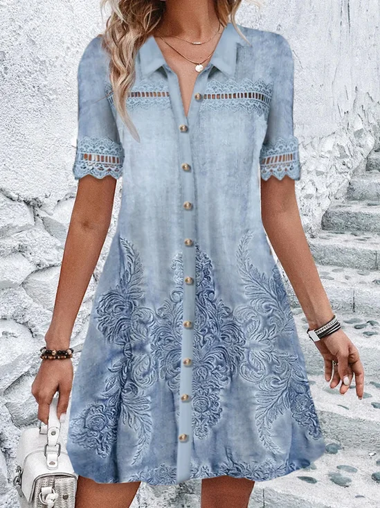 Femmes Ethnique Bleu Col de Chemise Confortable Dentelle Court Robe Décontracté