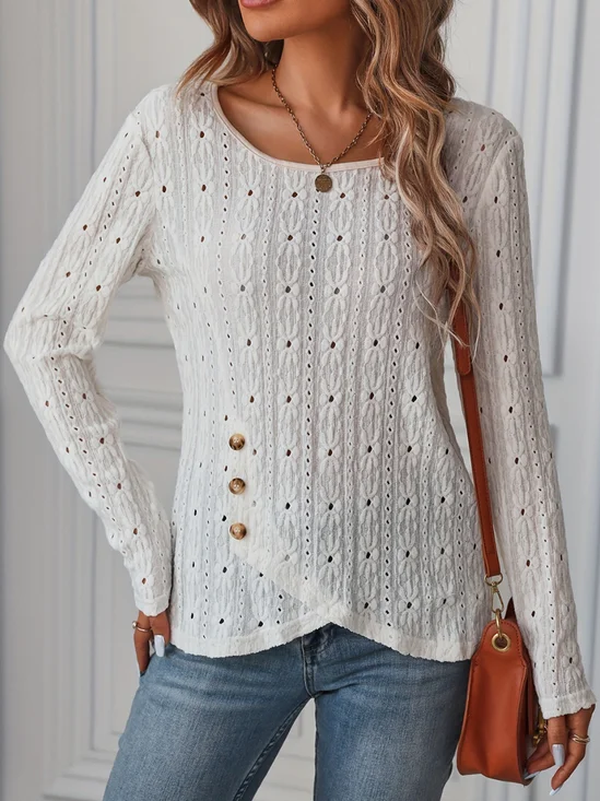 Chemises Décontracté Plain Printemps / Automne Polyester Ample Manches Longues Col Rond Régulier S-Ligne pour Femmes