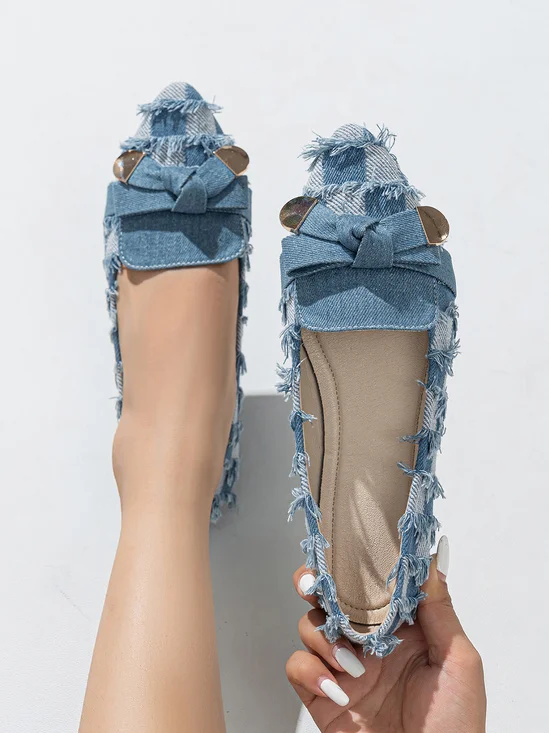 Chaussures à Tige Basse Femmes Toutes Les Saisons Plaid Urbain Nœud Quotidien à Talon Plat à Bout Pointu Toile de Jean Caoutchouc
