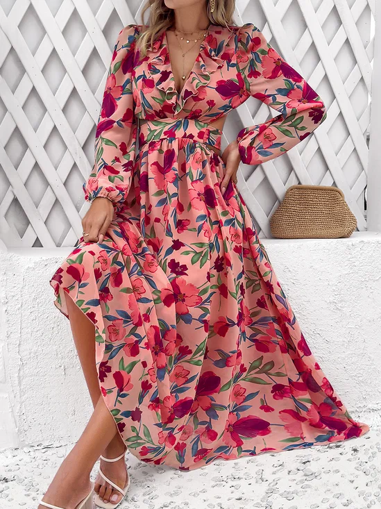 Femmes Floral Rose Col V Confortable Robe Maxi Boho