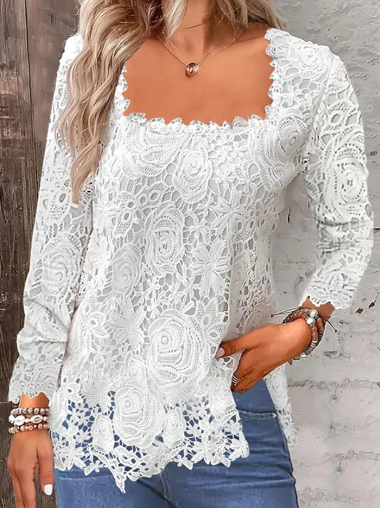 Chemises Femmes Décontracté Plain Printemps / Automne Polyester Col Carré Aucune élasticité Dentelle Manches Longues Régulier