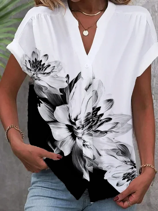 Blouses Femmes Décontracté Floral Été Viscose Quotidien Manches Courtes Régulier Droit Col de Chemise