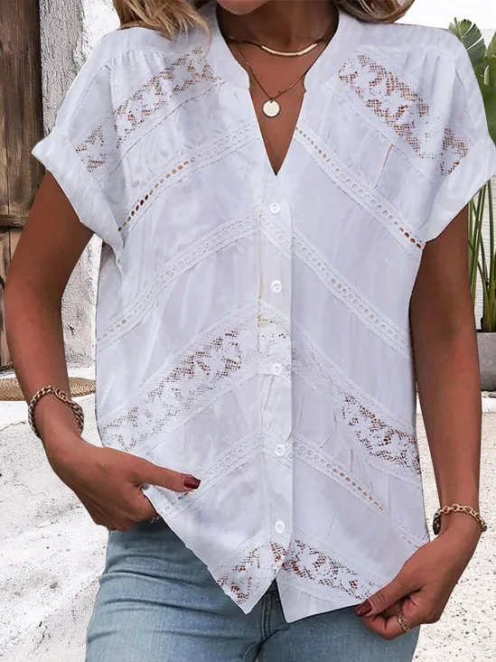 Blouses Femmes Décontracté Plain Été Polyester Col V Aucune élasticité Quotidien Ample Régulier