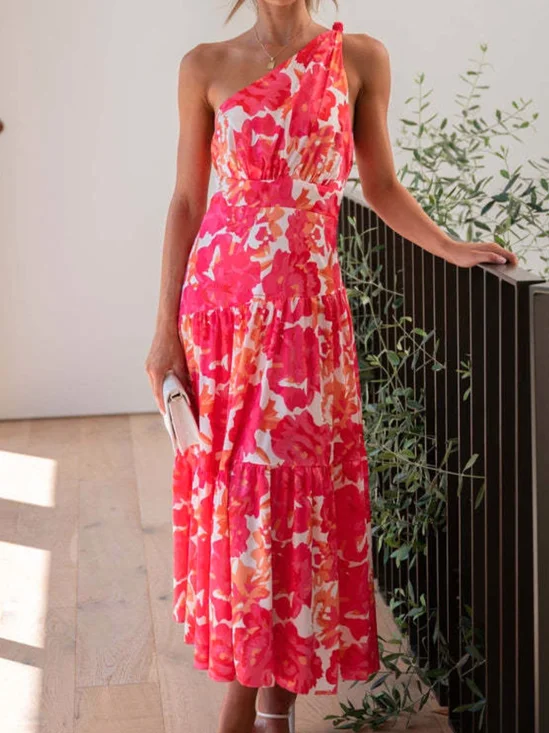 Femmes Floral Rouge Confortable Robe Maxi Décontracté