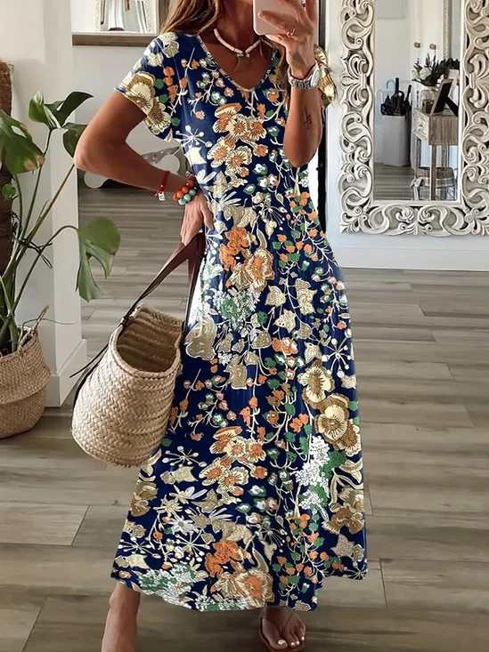 Femmes Floral Bleu Col V Confortable Robe Maxi Décontracté