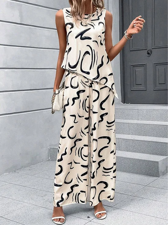 Deux Pièces Ensembles Femmes Été Simple Abstrait Graphique Polyester Quotidien Sans Manches Col Rond Top Avec Pantalons Droit