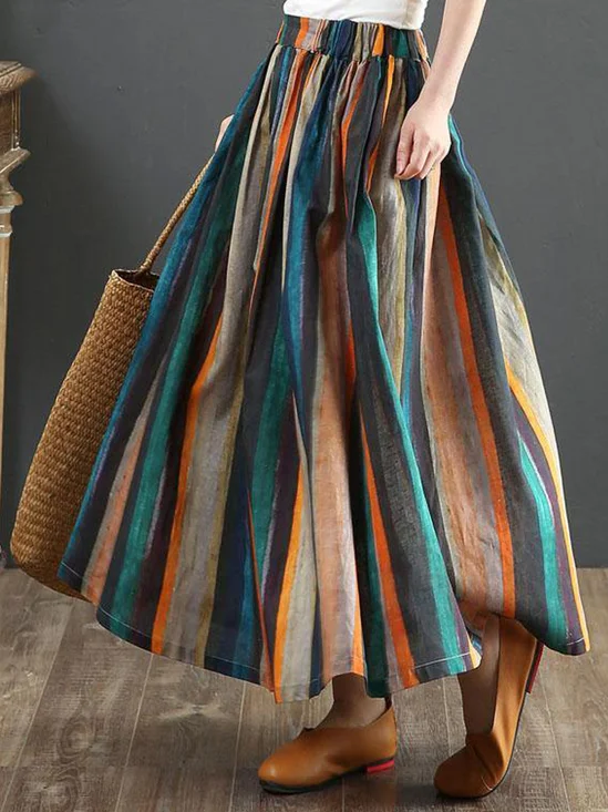 Jupes Femmes Rayé Décontracté Printemps / Automne Coton Naturel Aucune élasticité Maxi Trapèze Régulier