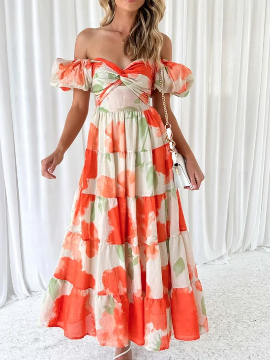 Femmes Floral Orange Col V Confortable Robe Maxi Décontracté