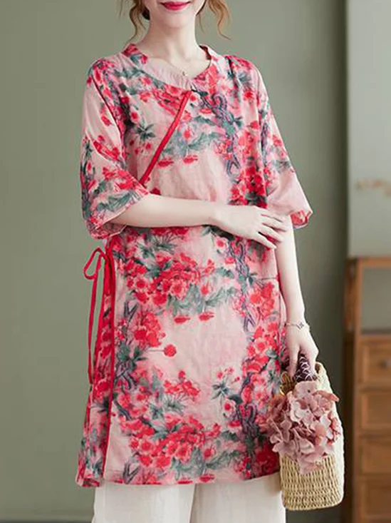 Chemises Décontracté Floral Été Ample Coton Et Lin Demi Manche Col Rond Mi-long Droit pour Femmes