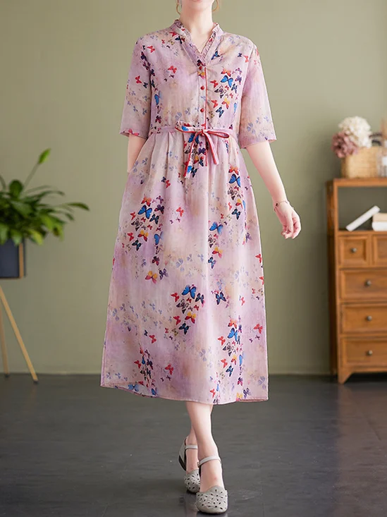 Femmes Papillon Rose Col Montant Confortable Robe Maxi Décontracté
