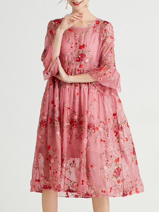 Femmes Floral Noir Col Rond Confortable Dentelle Robe Mi-Longue Décontracté