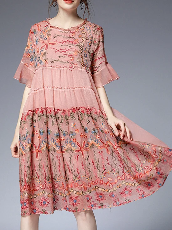 Femmes Floral Rose Col Rond Confortable Dentelle Court Robe Décontracté