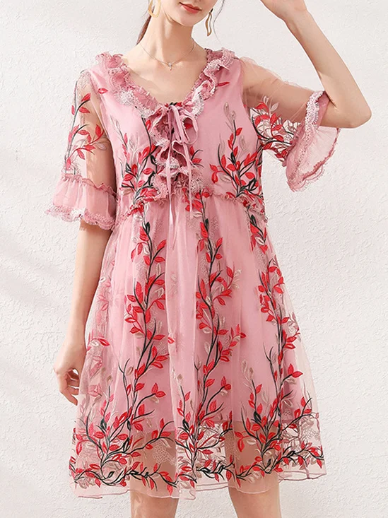 Femmes Floral Rose Col V Confortable Dentelle Court Robe Décontracté