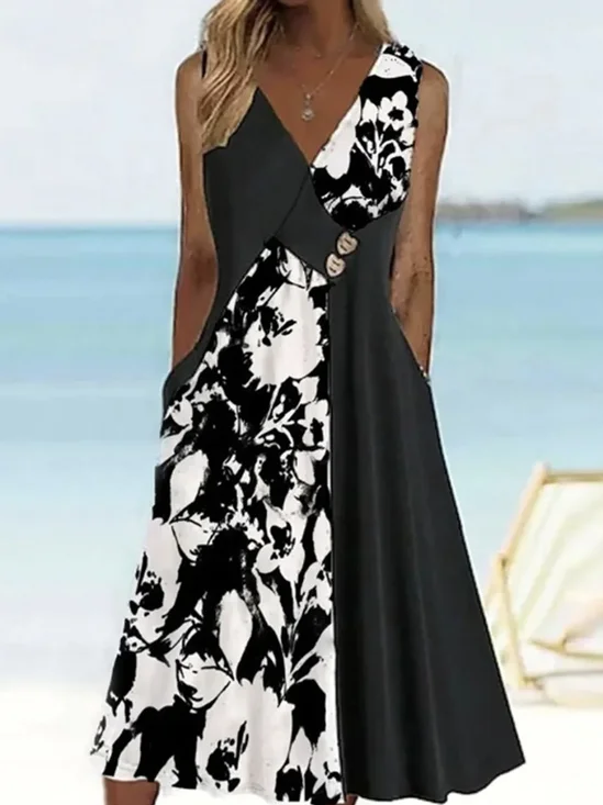 Femmes Floral Noir-Blanc Col V Confortable Robe Mi-Longue Décontracté