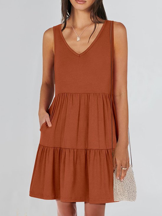 Femmes Plain Kaki Col V Confortable Robe Mi-Longue Décontracté