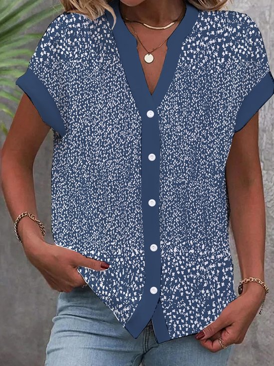 Blouses Décontracté Été Petit Floral Polyester Aucune élasticité Manches Courtes Régulier Régulier Entaillé pour Femmes