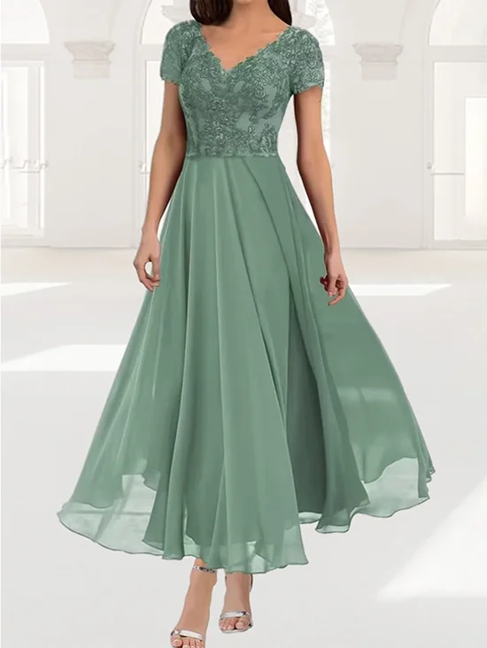Femmes Plain Vert Col V Confortable Dentelle Robe Maxi Élégant