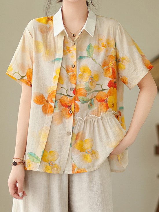 Blouses Décontracté Floral Été Col Montant Quotidien Ample Manches Courtes Régulier Régulier pour Femmes