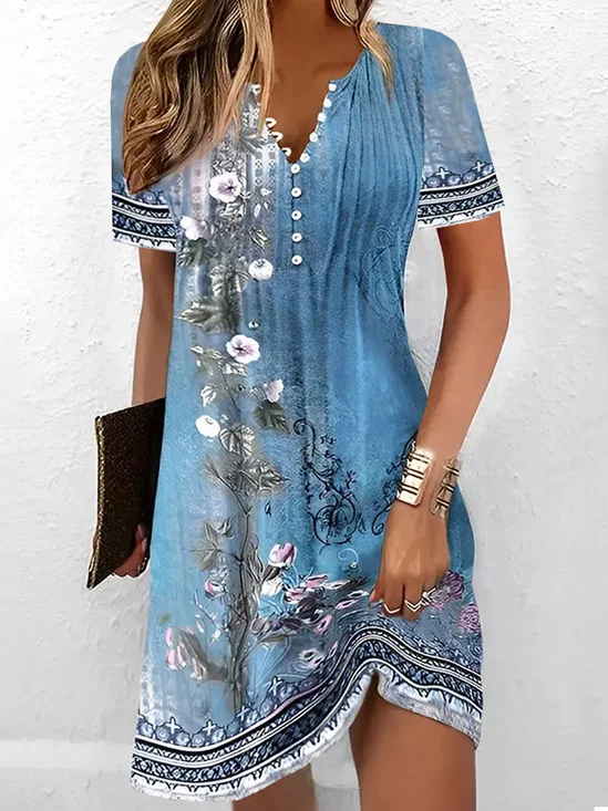 Femmes Floral Bleu Entaillé Confortable Boucle Mini Robe Décontracté