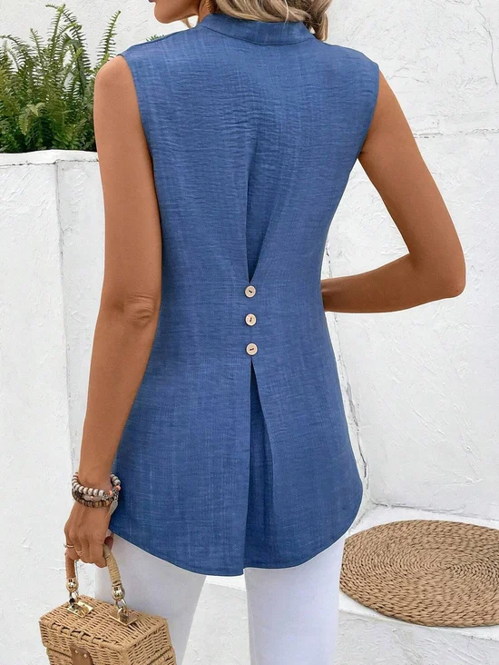 Chemises Plain Été Simple Boutonné Aucune élasticité Ample Sans Manches Régulier Trapèze pour Femmes