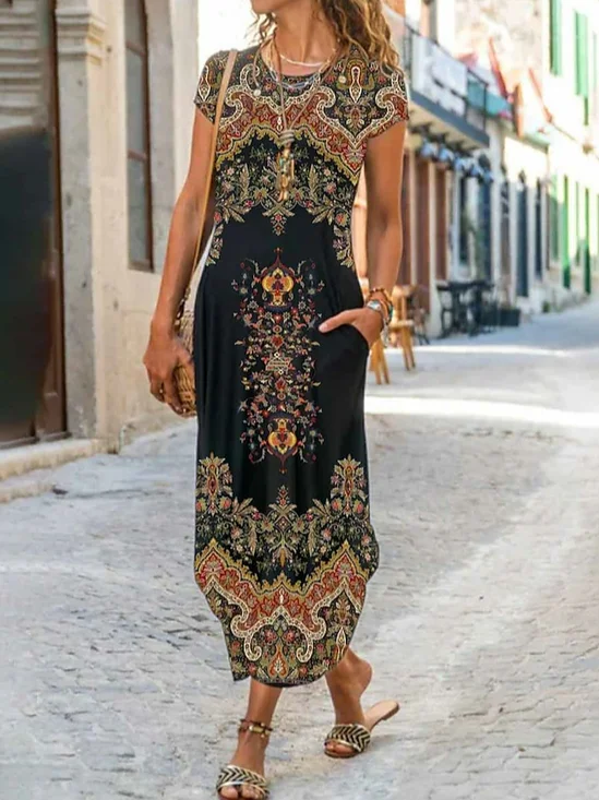 Femmes Nationalité/ethnie Noir Col Rond Confortable Poche Couture Robe Maxi Décontracté
