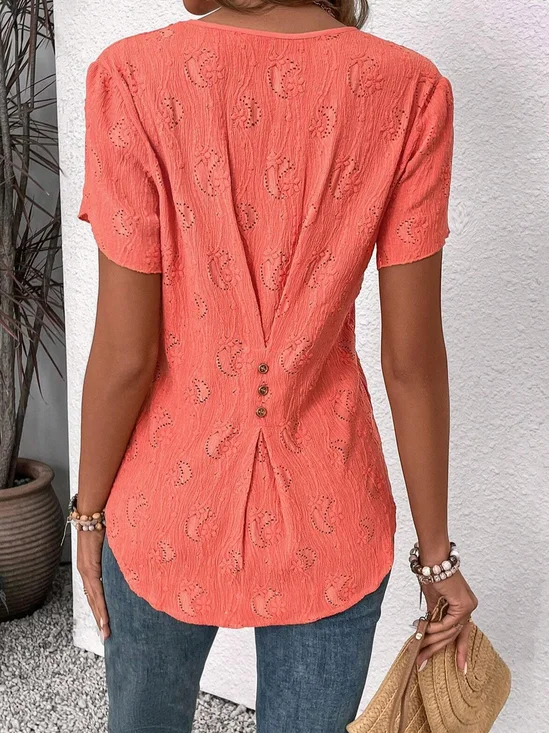 Chemises Plain Été Simple Polyester Micro-élasticité Ample Manches Courtes Entaillé Coton Et Lin pour Femmes