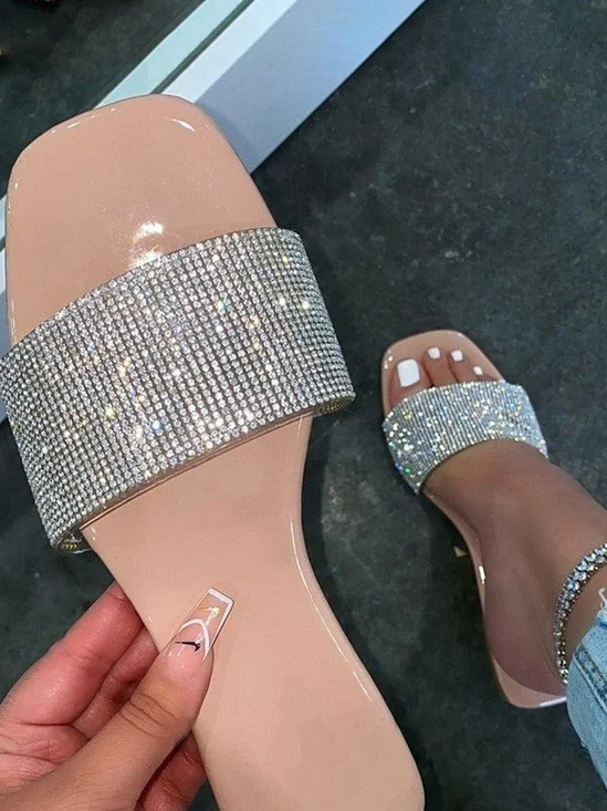 Sandales Antidérapantes Vacances Plain Été Avec Faux Diamant Talon de Bloc Bout Rond Sandales Antidérapantes Caoutchouc à Enfiler pour Femmes