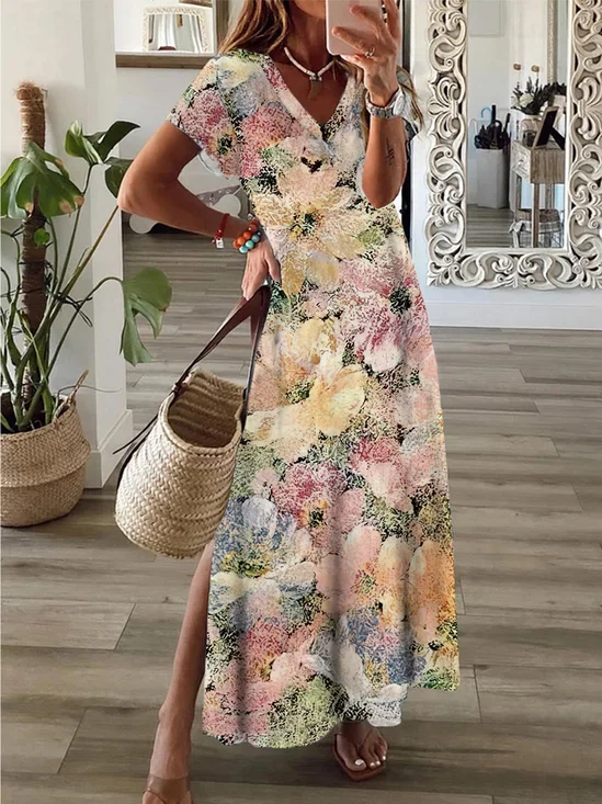 Femmes Floral Jaune Col V Confortable Robe Maxi Décontracté