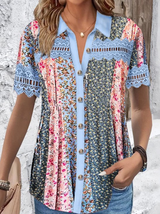 Blouses Décontracté Contrasté Couture Été Aucune élasticité Dentelle Manches Courtes Régulier Droit Régulier pour Femmes
