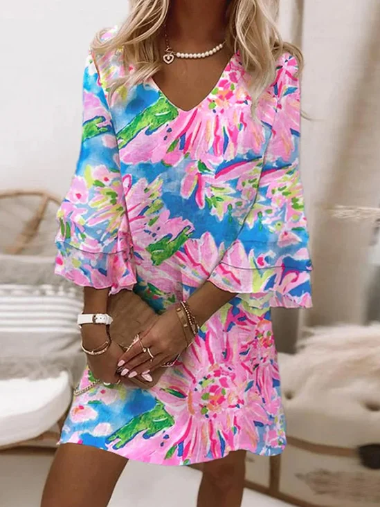 Femmes Floral Multicolore Col V Confortable Court Robe Décontracté