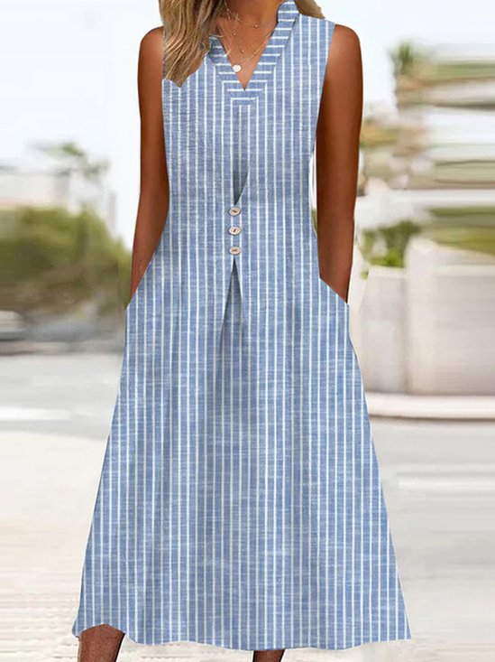 Femmes Rayé Bleu Col V Confortable Robe Mi-Longue Décontracté