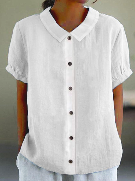 Chemises Plain Été en Lin Coton Aucune élasticité Manches Courtes Col Châle Droit Régulier pour Femmes