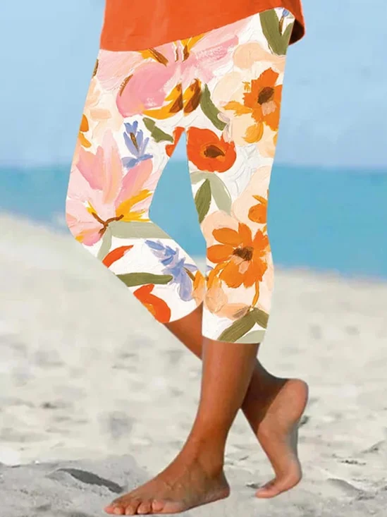Pantalons De Yoga Femmes Décontracté Floral Été Coton Naturel à Haute Élasticité Quotidien Legging S-Ligne