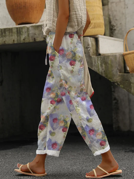 Pantalons Décontracté Floral Printemps / Automne Naturel Aucune élasticité Domestique Pantalons Harem Droit Régulier pour Femmes