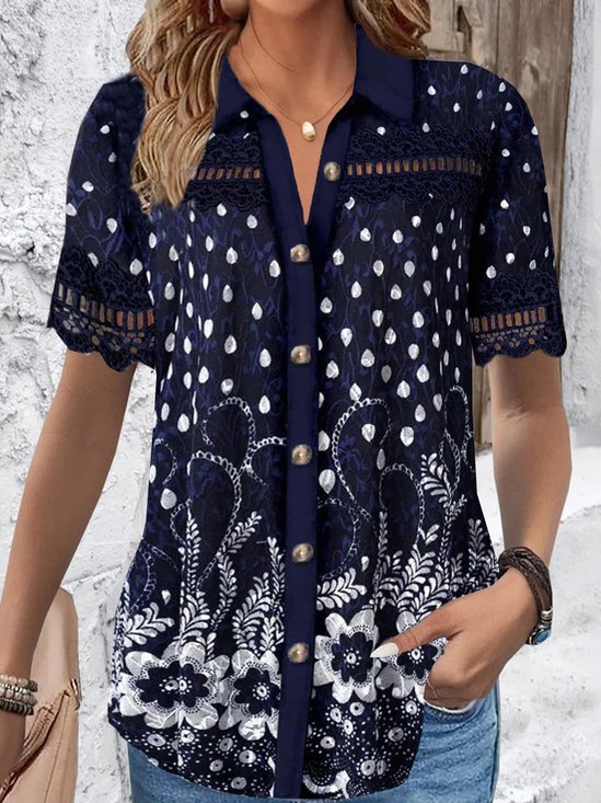 Blouses Décontracté Floral Été Viscose Ample Dentelle Manches Courtes Régulier Col de Chemise pour Femmes