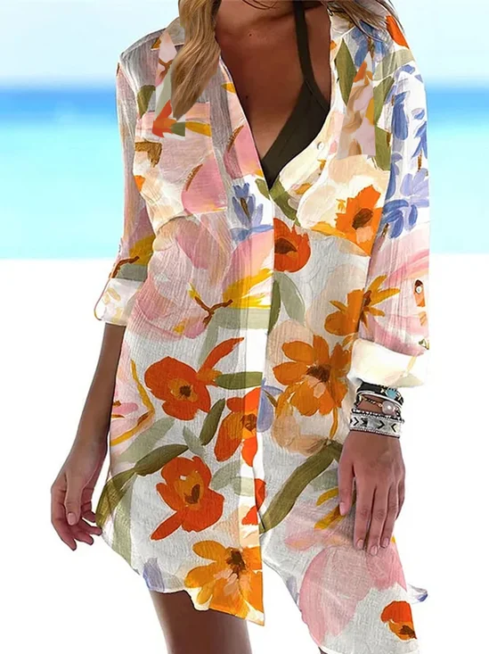 Femmes Floral Rouge Col de Chemise Confortable Court Robe Décontracté
