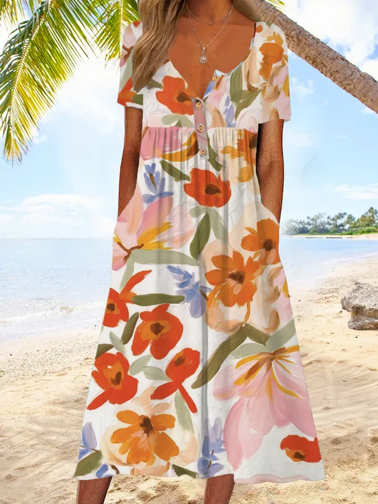 Femmes Petit Floral Rouge Col de Chemise Confortable Robe Maxi Décontracté