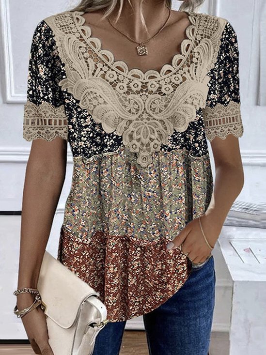 Chemises Femmes Décontracté Été Disty Floral Polyester Col V Ample Manches Courtes Droit Dentelle