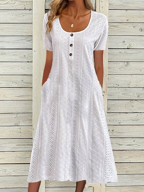 Femmes Plain Blanc Col Rond Confortable Boucle Robe Maxi Décontracté