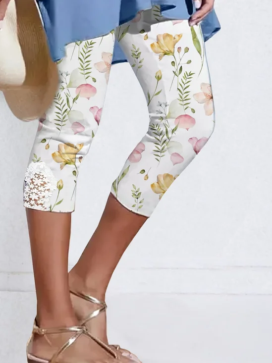 Pantalons De Yoga Femmes Décontracté Été Floral Motif Coton Naturel à Haute Élasticité Serré Corsaire Legging