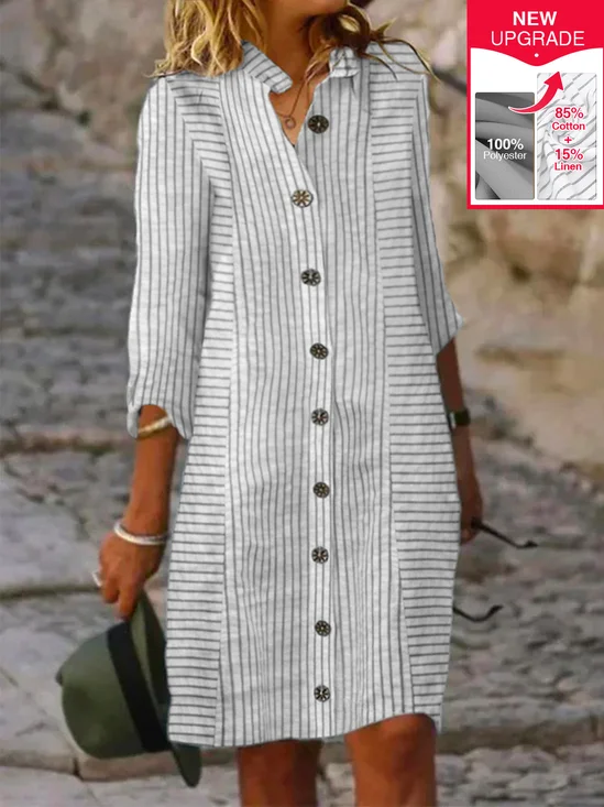 Femmes Rayé Blanc Col de Chemise Confortable Court Robe Décontracté
