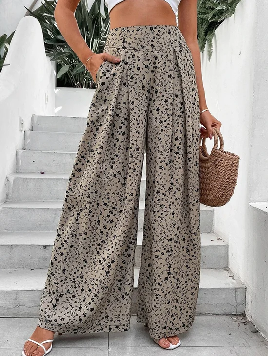 Pantalons Femmes Vacances Printemps / Automne Petit Floral Polyester Ample Pantalons à Jambe Large Long Droit Régulier