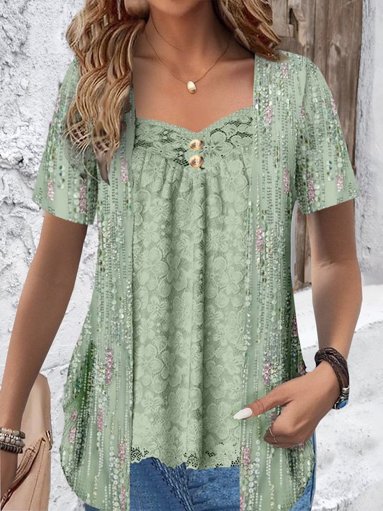 Chemises Décontracté Été Disty Floral Polyester Aucune élasticité Dentelle Manches Courtes Régulier Droit pour Femmes