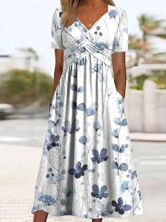 Femmes Bleu Floral Blanc Col V Confortable Robe Mi-Longue Décontracté