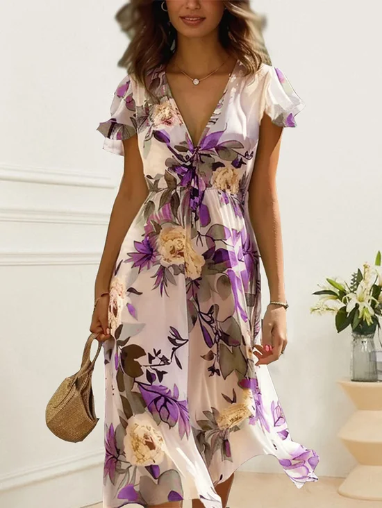 Femmes Floral Vert Col V Confortable à Lacets Robe Mi-Longue Élégant