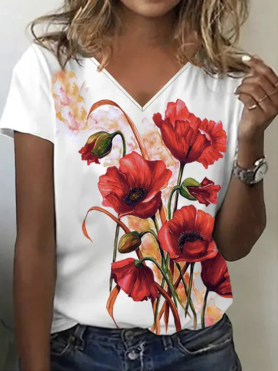 T-shirts Femmes Décontracté Floral Été Col V Ample Jersey Manches Courtes Régulier Élasticité moyenne