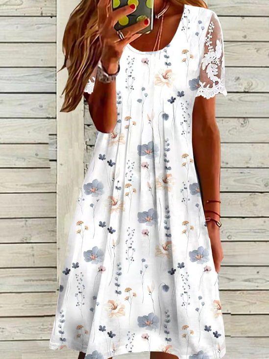 Femmes Floral Blanc Col Rond Confortable Robe Mi-Longue Décontracté