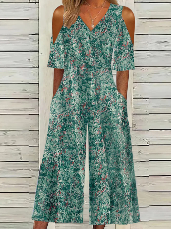 Combinaisons Été Vacances Petit Floral Col V Viscose Naturel Long Droit Régulier pour Femmes