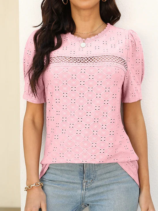 Chemises Femmes Décontracté Plain Été Polyester Micro-élasticité Ample Manches Courtes Col Rond Régulier